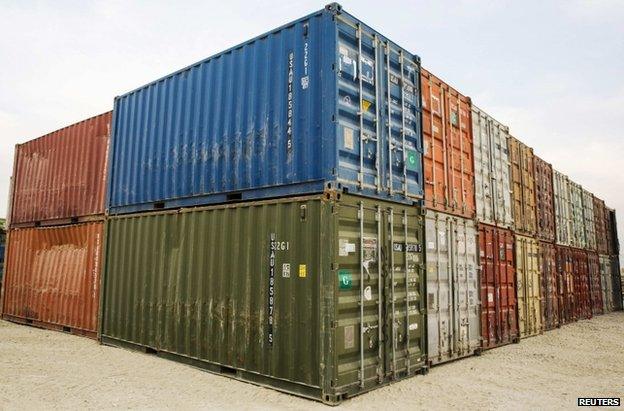 Shipping containers stand in Bagram air base awaiting removal, 2 January
