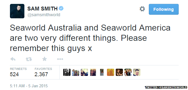 Tweet from @samsmithworld reading: "Seaworld Australia and Seaworld America are two very different things. Please remember this guys x"