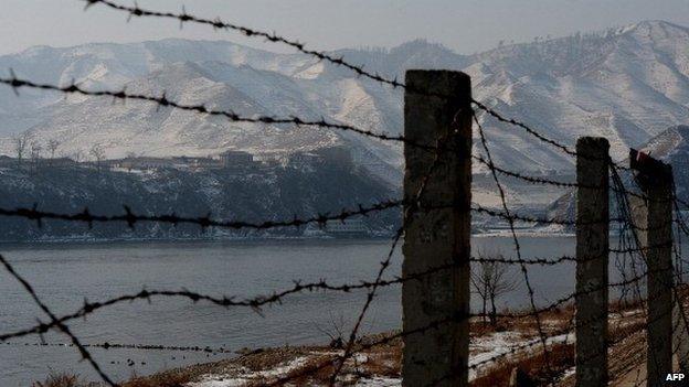 View of the North Korean town of Supung across the Yalu River from the Chinese town of Xiejiagou