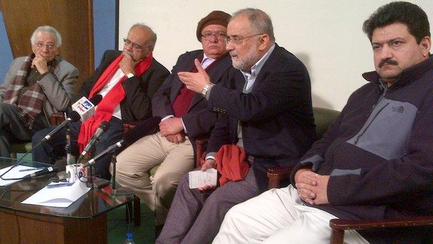 Civil society in Lahore - (Left to right) Abid Hassan Minto, Najam Sethi, Imtiaz Alam, Ahmed Rashid and Hamid Mir.