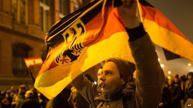 A supporter of the Pegida movement holds a flag in a demonstration on January 5, 2015