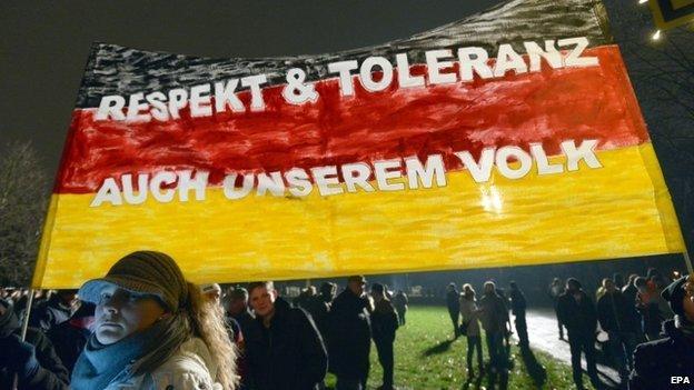 Participants of the right-wing initiative Pegida (Patriotic Europeans against the Islamization of the Occident) hold up German flags and a banner reading "Respect and tolerance for our people too" during a rally in Dresden, Germany