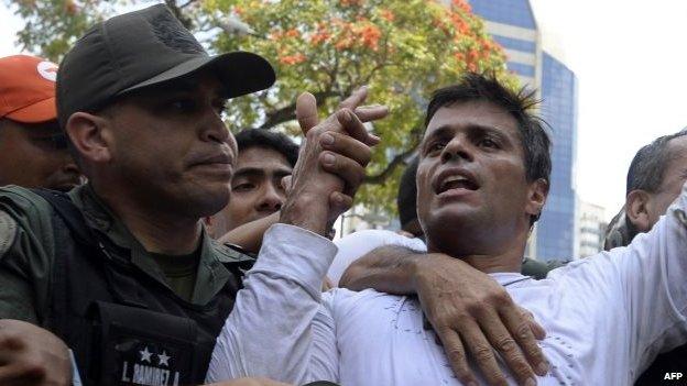 Leopoldo Lopez (right) during a demonstration in Caracas on 18 February, 2014.