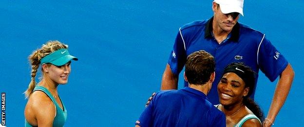 Eugenie Bouchard and Vasek Pospisil of Canada congratulate John Isner and Serena Williams of the United States