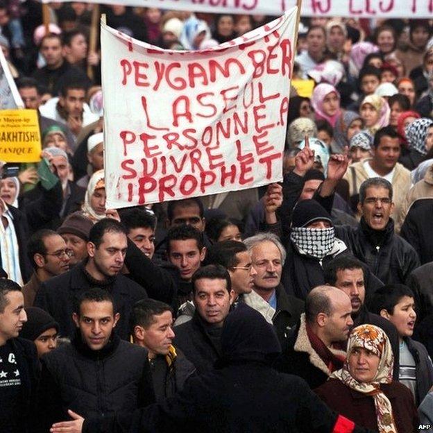 Muslims demonstrate in Strasbourg, eastern France, over satirical images of the Prophet Muhammad (11 February 2006 )