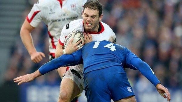 Darren Cave takes a bit hit from Fergus McFadden in Ulster's defeat by Leinster on Saturday