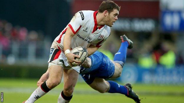 Darren Cave is tackled by his fellow Ireland centre Gordon D'Arcy at the RDS last weekend