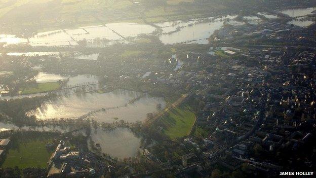 Aerial shot of flooded fields in Oxfordshire PHOTO: James Holley