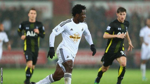 Wilfried Bony in action for Swansea against Tottenham