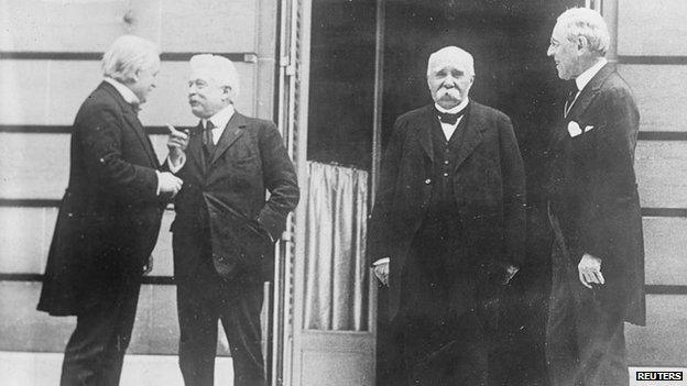 British Prime Minister David Lloyd George, Italian Premier Vittorio Emanuele Orlando, French Premier Georges Clemenceau and President Woodrow Wilson in Versailles at the Paris peace conference