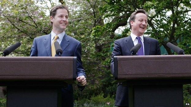 Nick Clegg and David Cameron at the press conference to launch the Coalition Government in 2010