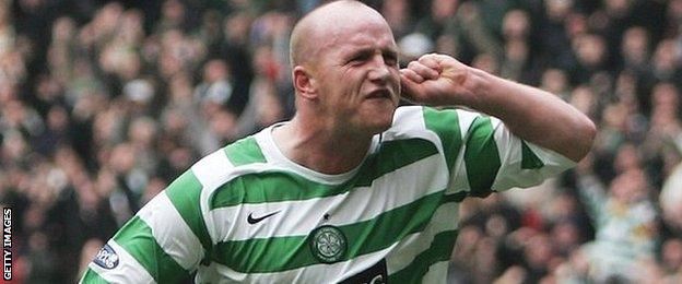 John Hartson celebrates scoring for Celtic against Rangers in 2005