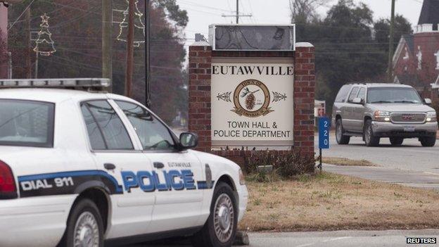 A sign welcomes visitors at the Eutawville Town Hall in South Carolina 4 December 2014