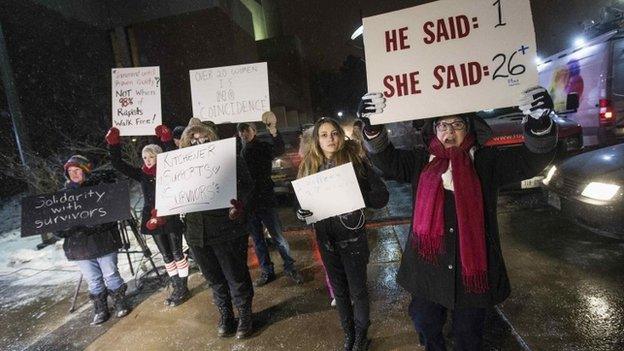 Protestors outside Kitchener's Centre in the Square