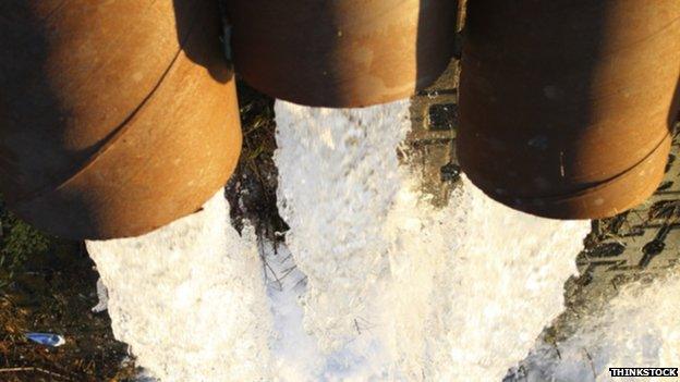 Water flowing out of large drain pipes