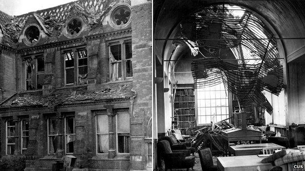 Bomb damage to the union building in Bridge Street in 1942