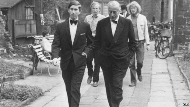 Prince Charles and Lord Mountbatten on their way to a debate in 1970