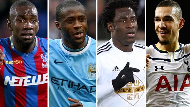 (left to right) Crystal Palace winger Yannick Bolasie, Manchester City midfielder Yaya Toure, Swansea striker Wifried Bony and Tottenham midfielder Nabil Bentaleb