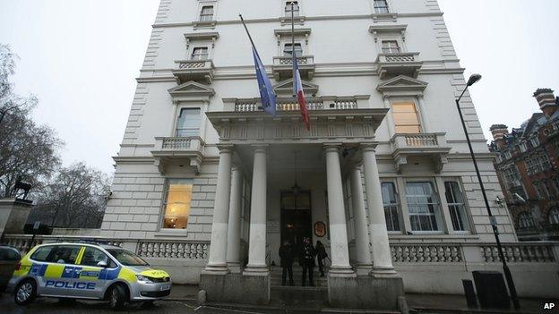 Flags outside the French Embassy in London