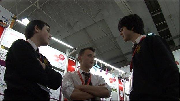 Students discuss their projects at the Young Scientist exhibition