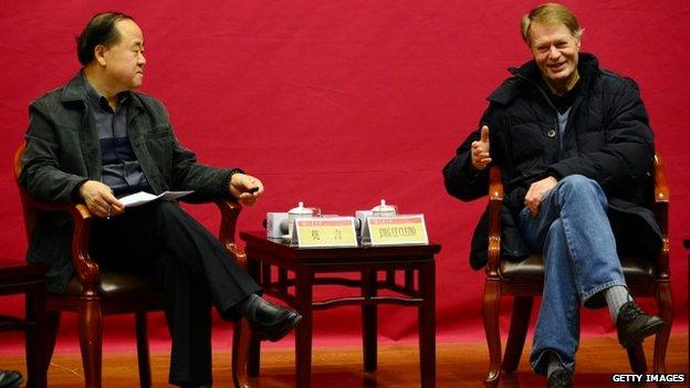 Chinese Literature Nobel laureate Mo Yan and French Literature Nobel laureate Jean-Marie Gustave Le Clezio hold talks about "Literature and Life" at Shandong University on 16 December, 2014 in Jinan, Shandong province of China