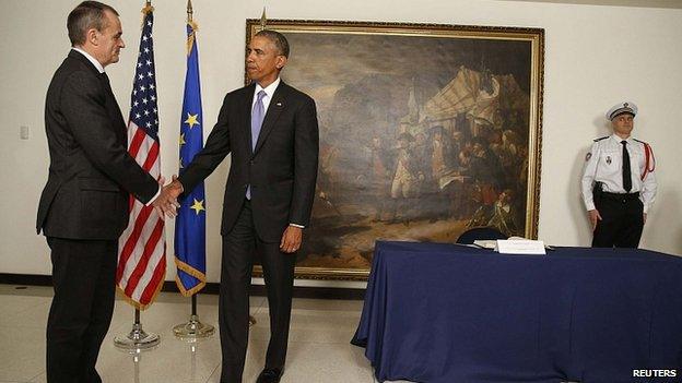 President Barack Obama with French Ambassador Gerard Araud. 8 Jan 2015