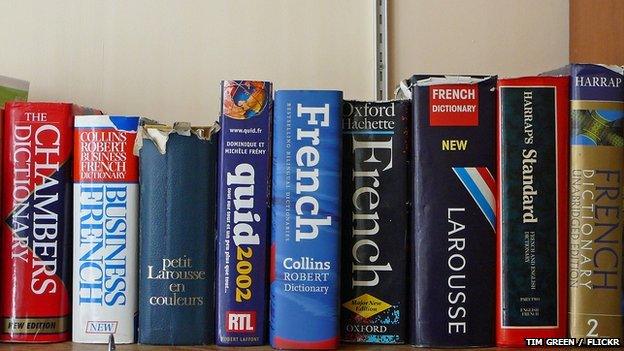 A shelf full of French dictionaries