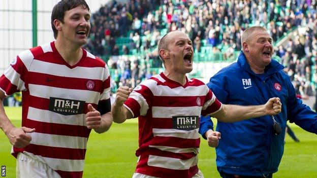 Martin Canning, Alex Neil and Frankie McAvoy celebrate with Hamilton