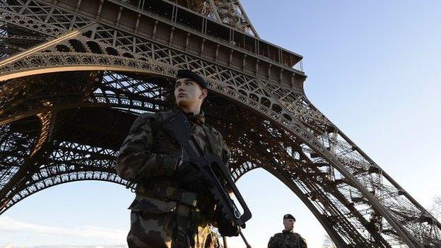 French soldiers patrol in front of the Eiffel Tower on 8 January 2015