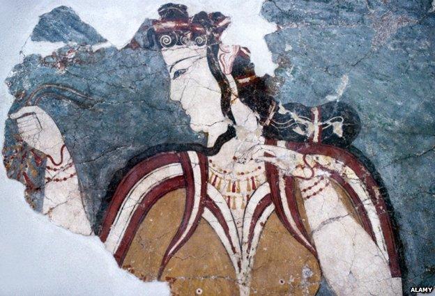 Fresco or Wall Painting of the Lady of Mycenae, Ancient Greek Woman or Greek Goddess, c13th BC, Mycenae, Greece