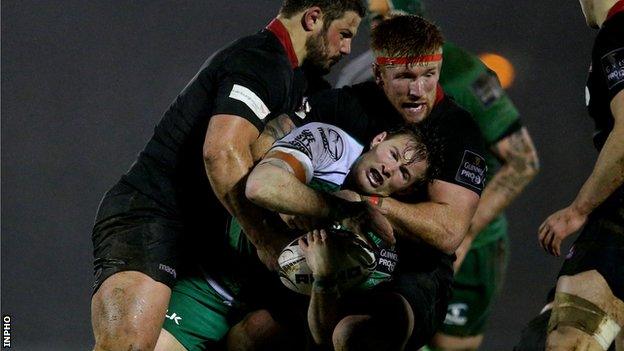 Ross Ford and Roddy Grant tackle Connacht's Kieran Marmion in Galway