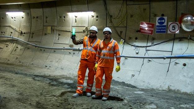 Workmen underground at Farringdon Crossrail