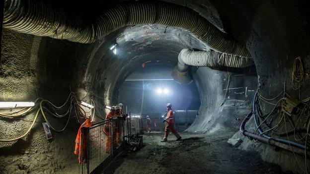 Workmen underground at Farringdon Crossrail station