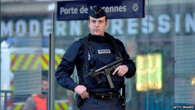 Police officers on guard at Porte de Vincennes in Paris, France - 9 January 2015