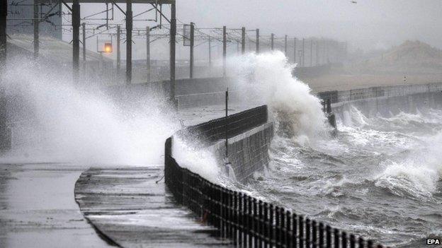 Waves crash against the sea wall on the Ayrshire coast