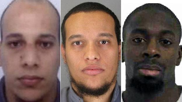 Said Kouachi and Cherif Kouachi - chief suspects in the Charlie Hebdo massacre - and alleged supermarket gunman Amedy Coulibaly.