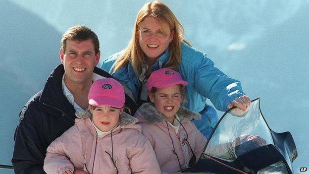 The Duke of York and his ex-wife Sarah Ferguson on holiday in Verbier, Switzerland with their daughters Princesses Beatrice and Eugenie in February 1998