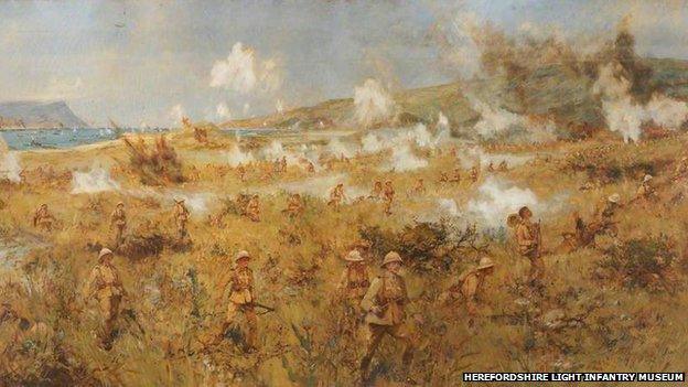 Picture by Charles Dixon of Herefordshire Regiment soldiers landing at Suvla Bay, Gallipoli