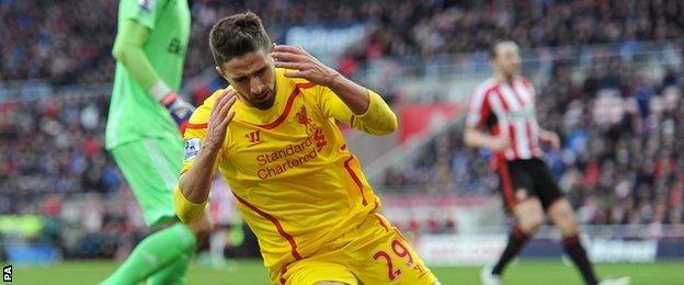 Liverpool striker Fabio Borini shows his disappointment after missing a chance against Sunderland