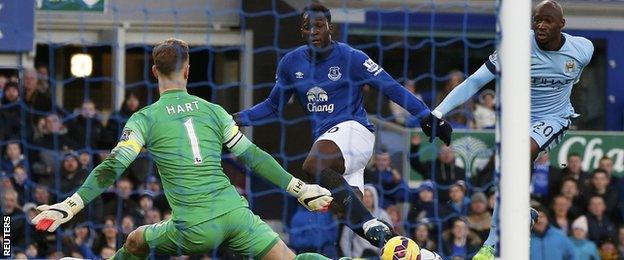 Everton striker Romelu Lukaku (centre) has a shot saved by Man City keeper Joe Hart