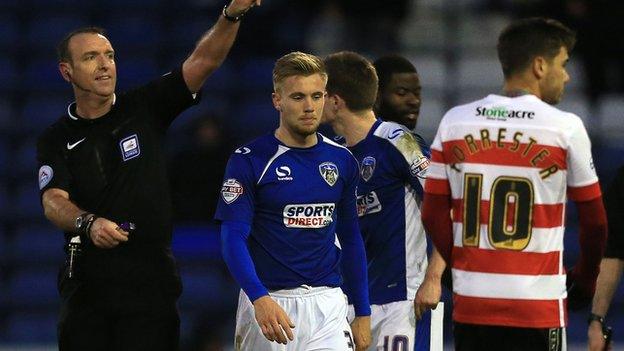 Oldham's Joseph Mills is sent off against Doncaster