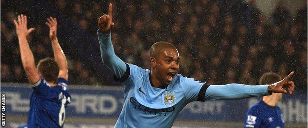 Manchester City midfielder Fernandinho celebrates his goal at Everton