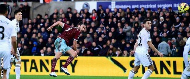 Andy Carroll scores against Swansea