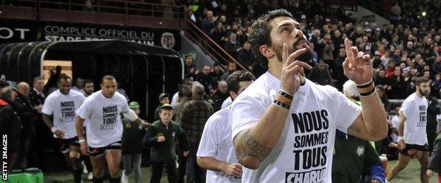 Toulouse centre Yann David and his team wore T-shirts saying 'We are all Charlie' in French