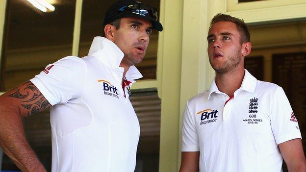 Former England team-mates Stuart Broad (left) and Kevin Pietersen