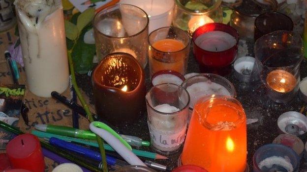 At the vigil near the offices of Charlie Hebdo, on Rue Nicolas Appert, Paris. Photo taken 11 January, by Patrick Jackson, BBC News