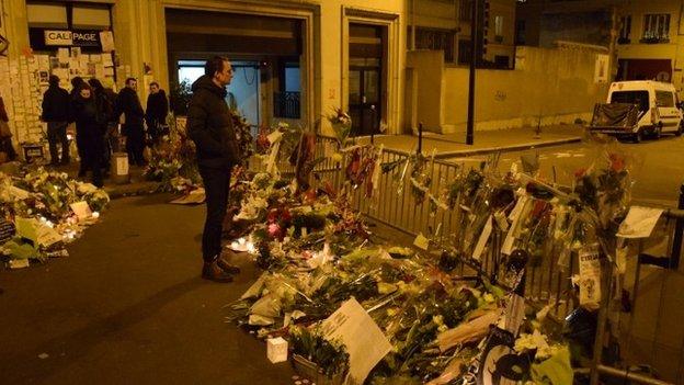 At the vigil near the offices of Charlie Hebdo, on Rue Nicolas Appert, Paris. Photo taken 11 January, by Patrick Jackson, BBC News