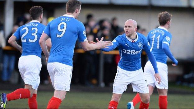 Rangers scorer Nicky Law thanks striker Jon Daly for setting him up for the winning goal at Alloa