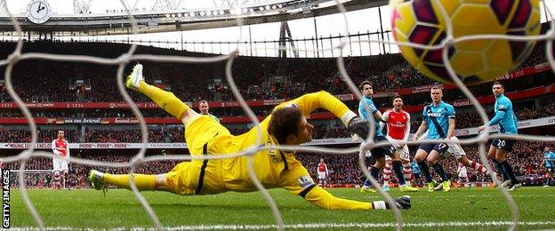 Asmir Boegovic is unable to prevent Arsenal from taking a 3-0 lead