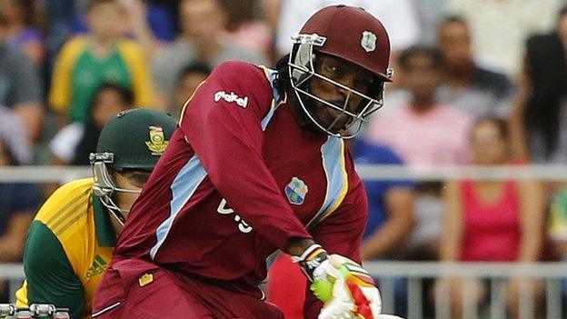 West Indies' Chris Gayle hits out against South Africa